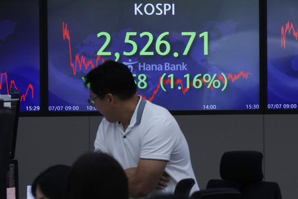 An electronic board showing the Korea Composite Stock Price Index at a dealing room of the Hana Bank headquarters in Seoul on Friday. (Yonhap)