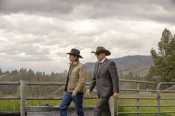 Luke Grimes, left, and Kevin Costner in a scene from "Yellowstone."