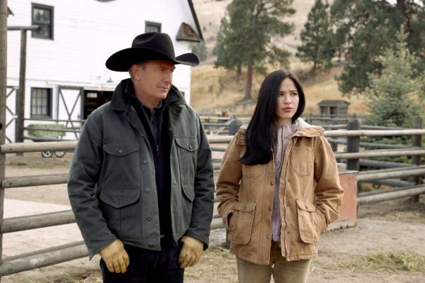 Kelsey Asbille and Kevin Costner in "Yellowstone."